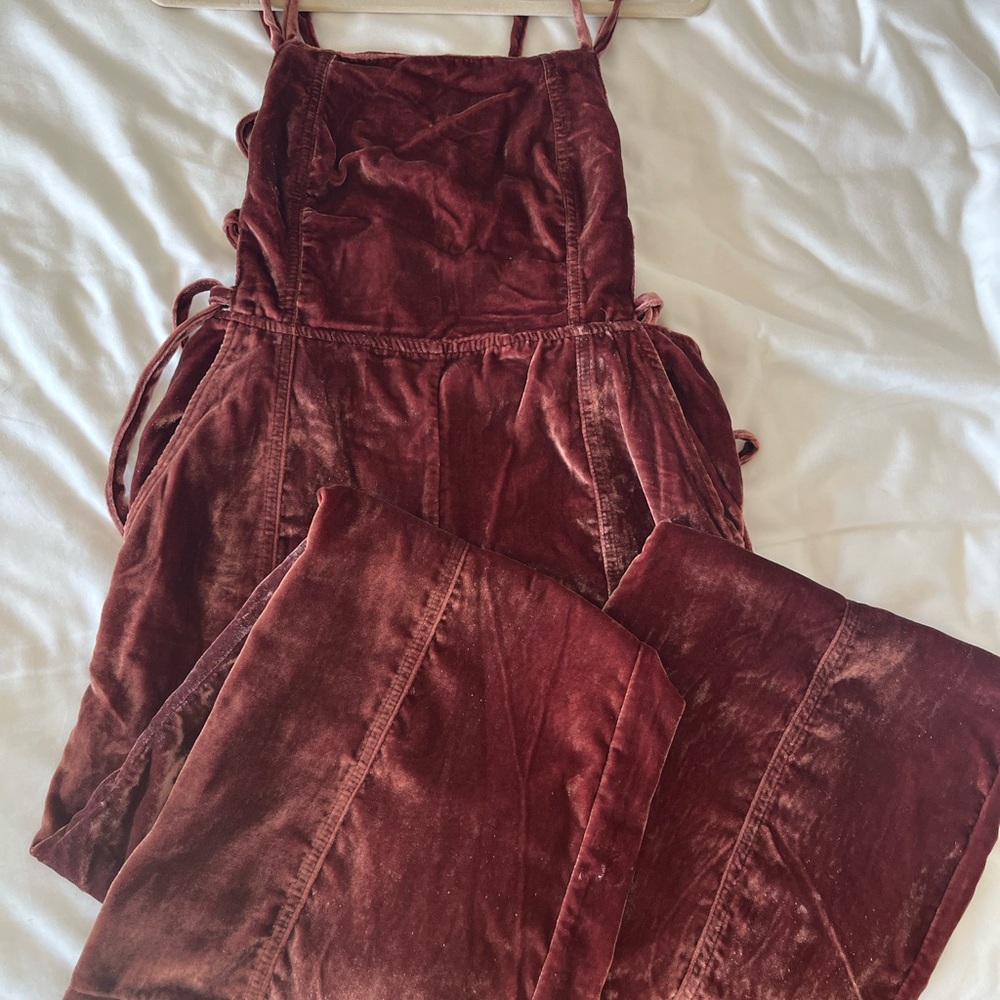 Free People Maroon Velvet Jumpsuit with Wide Leg